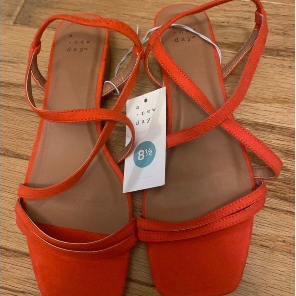 NWOT A New Day women's orange strappy, low heel, square-toed sandal, size 7.5